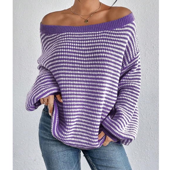 BellanBlue Purple and White Off-the-Shoulder Sweater - Picture 2 of 3